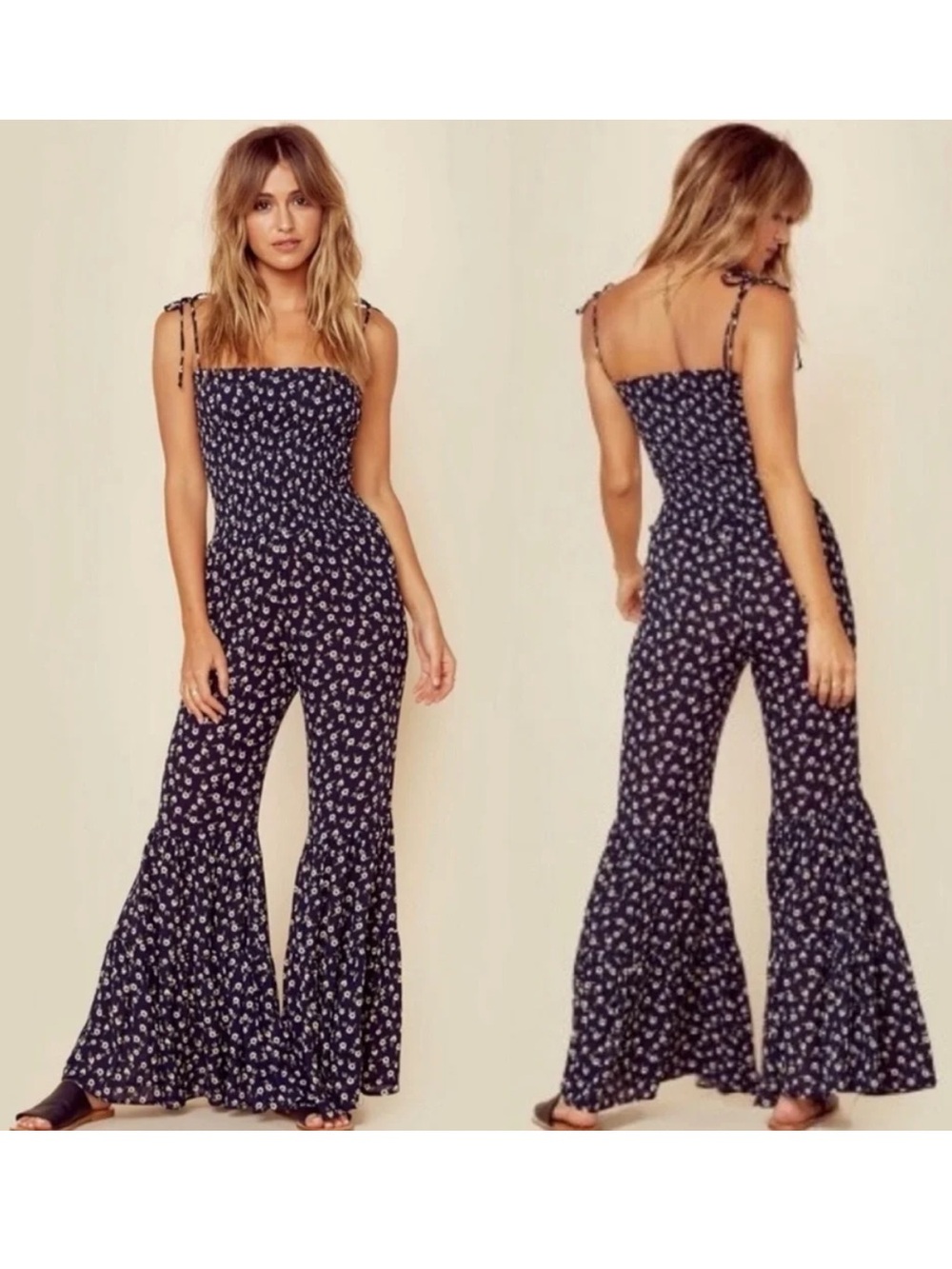 Blue Life Ditsy Floral Smocked Bodice Flowy Tiered Ruffle Wide Leg Jumpsuit•XS